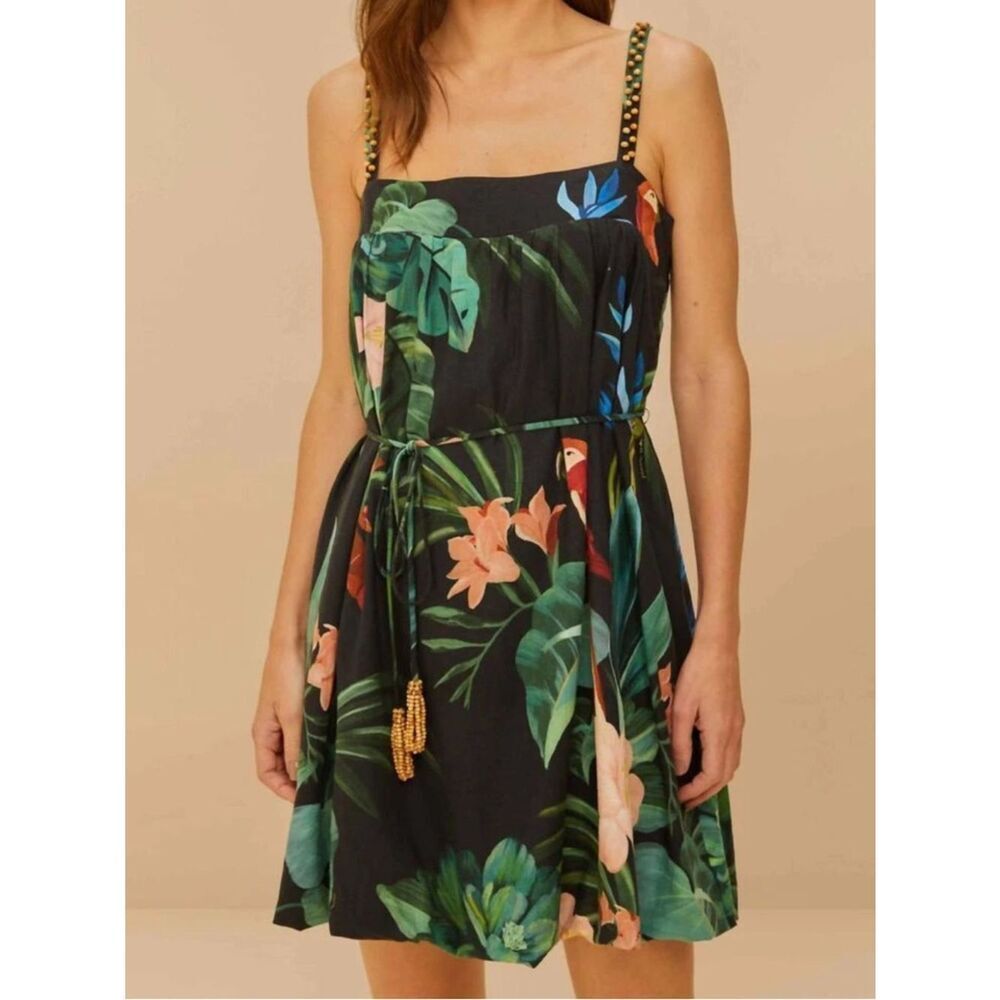 NWT Farm Rio Black Midnight Macaw Fiesta Lenzing Ecovero Euroflax Mini Dress